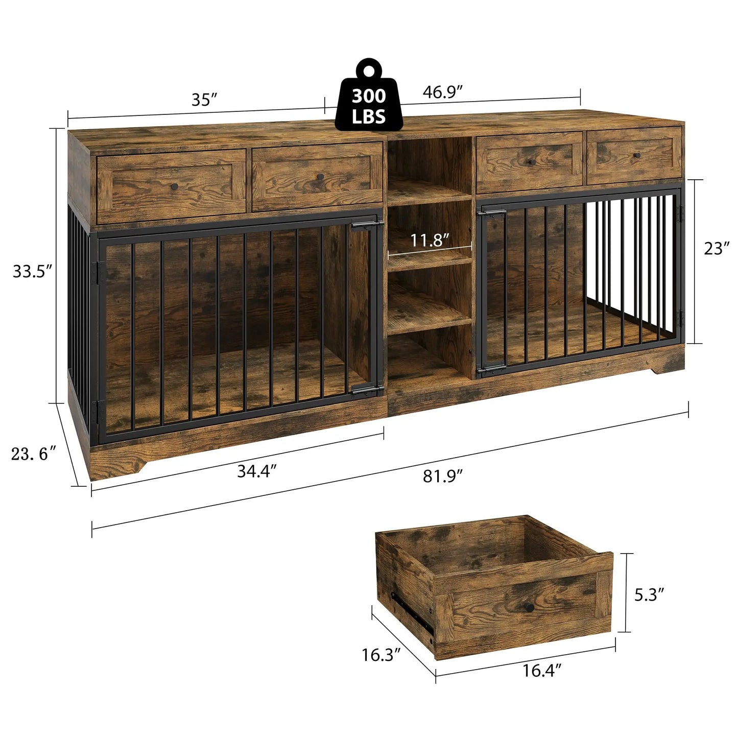 HiMISS Large Double Dog Crate Furniture TV Stand With Drawers