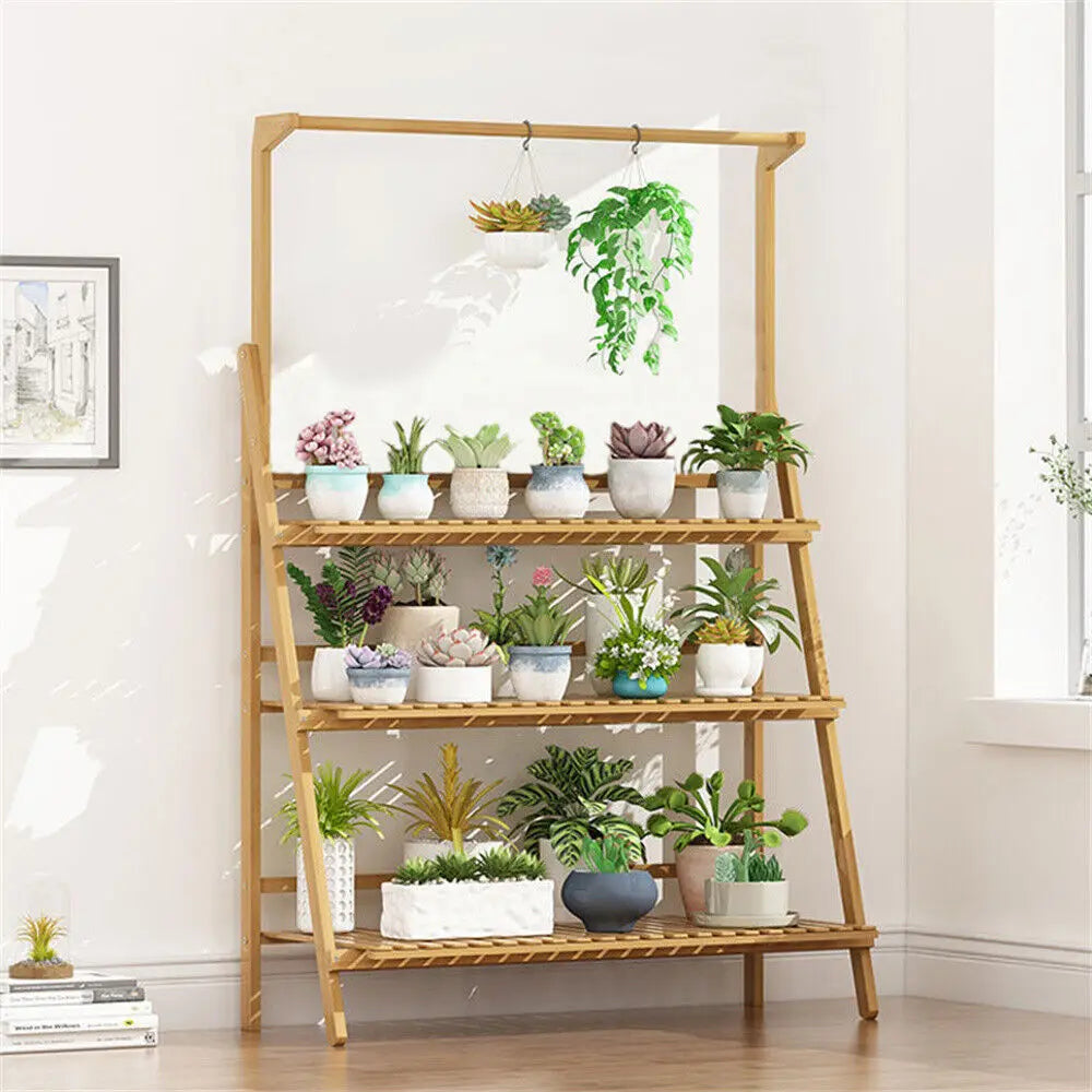 Bamboo 3 Tier Folding Plant Stand for Indoor and Outdoor Pots