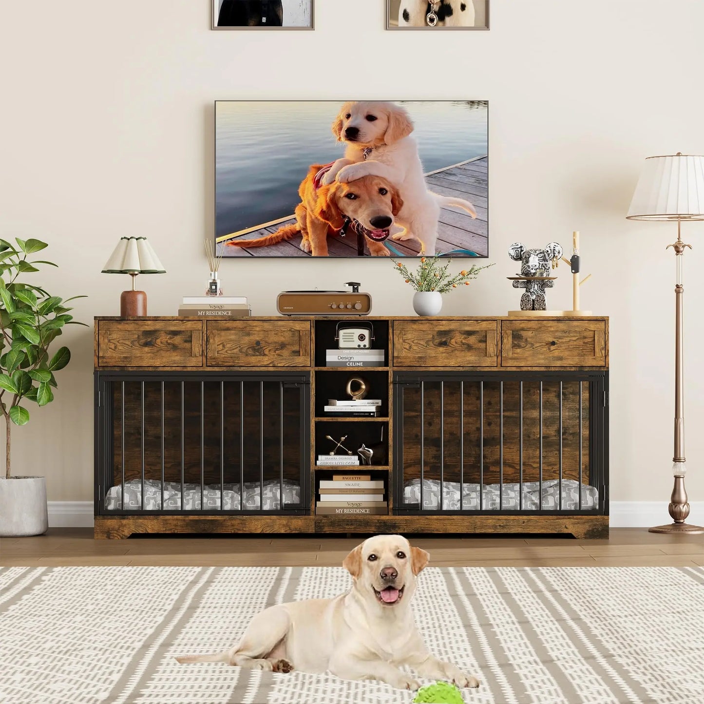 HiMISS Large Double Dog Crate Furniture TV Stand With Drawers