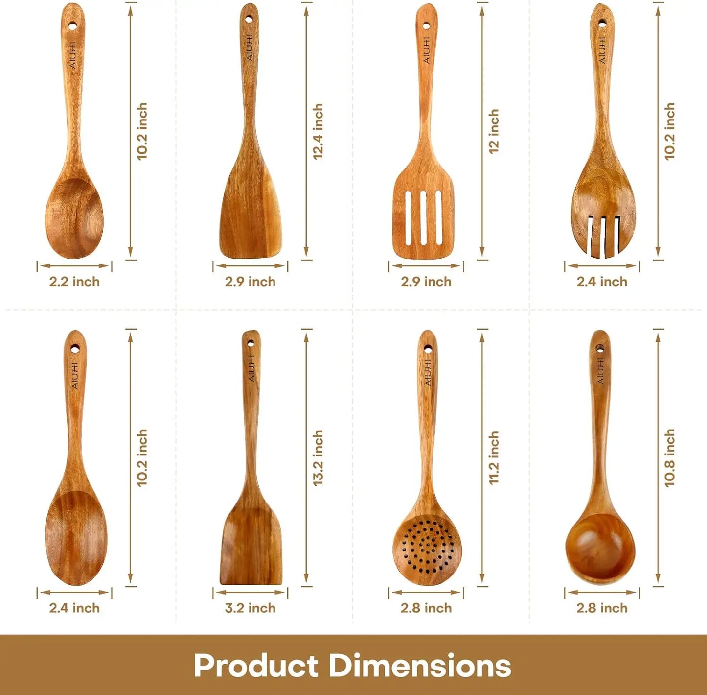 Natural Teak Wood Spoons 8 Pack Nonstick Kitchen Utensils