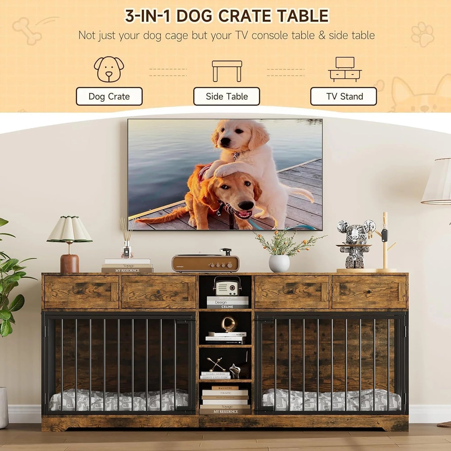 HiMISS Large Double Dog Crate Furniture TV Stand With Drawers