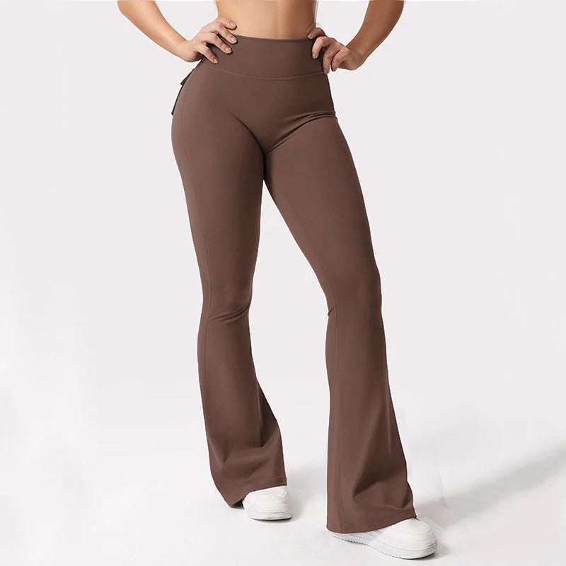 Womens Yoga Flare Trousers High Waist Tummy Control Pockets
