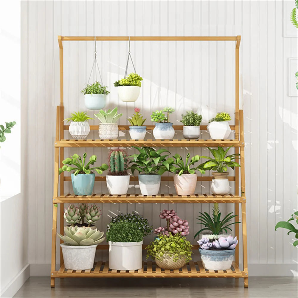 Bamboo 3 Tier Folding Plant Stand for Indoor and Outdoor Pots