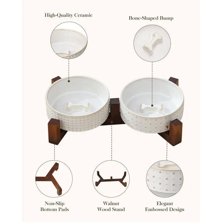 Durable Walnut Wood Dog Bowl Set With Dual Bowls On Stand