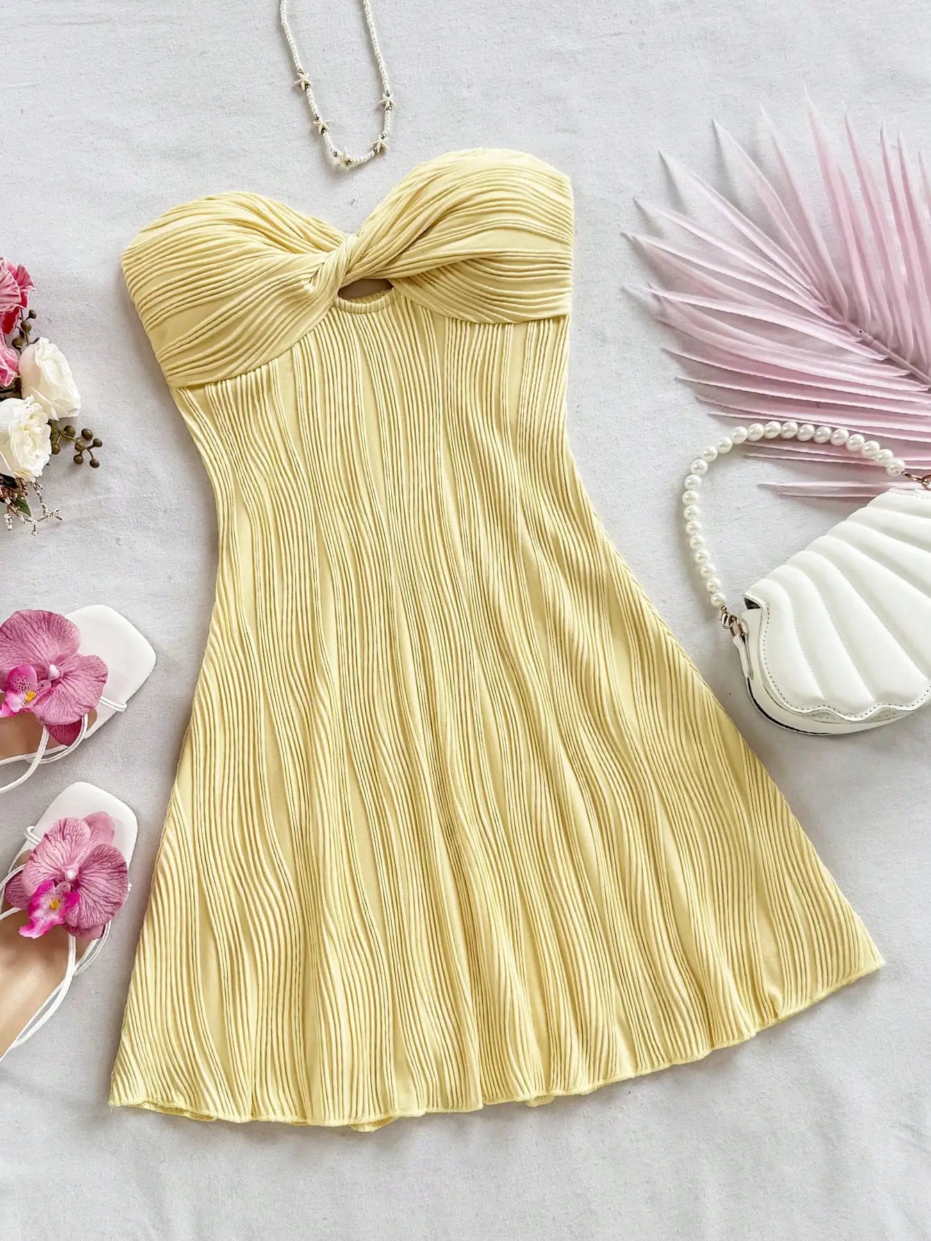 Pleated Elegant Strapless Twist Knot A-Line Mini Dress