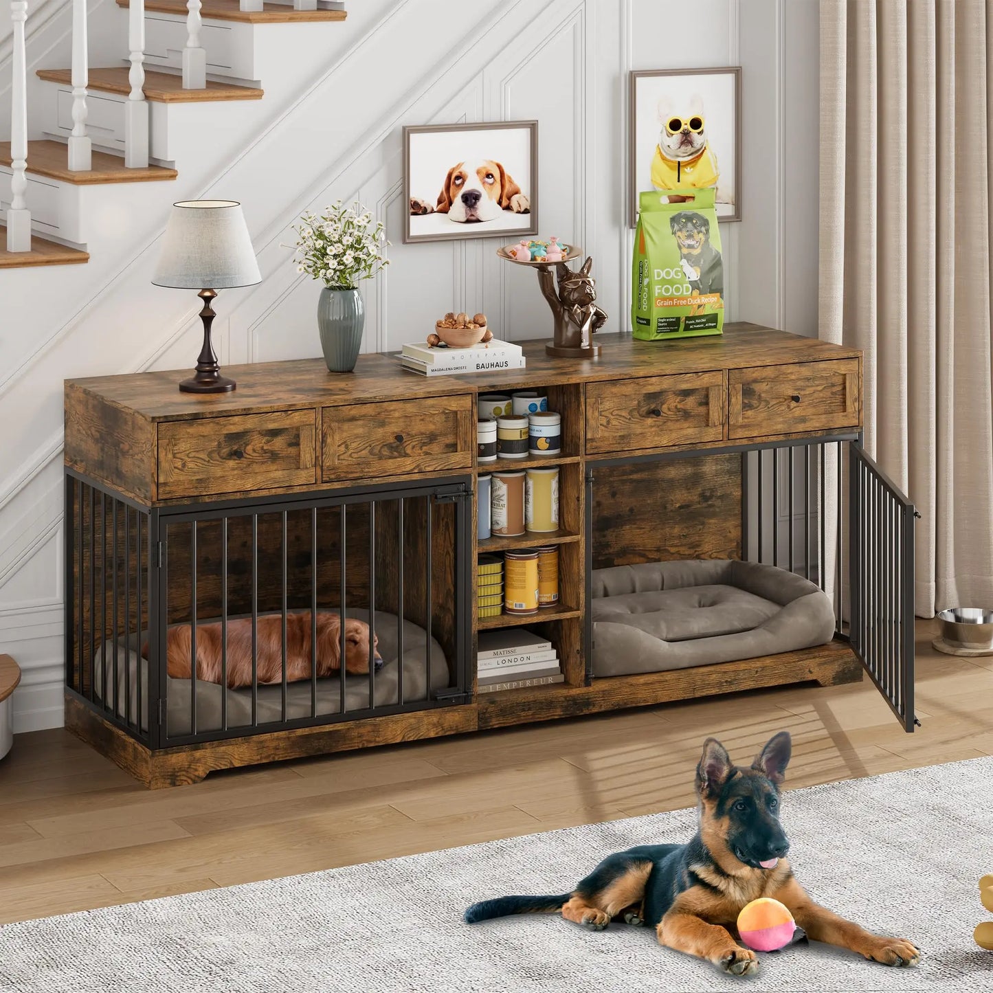 HiMISS Large Double Dog Crate Furniture TV Stand With Drawers