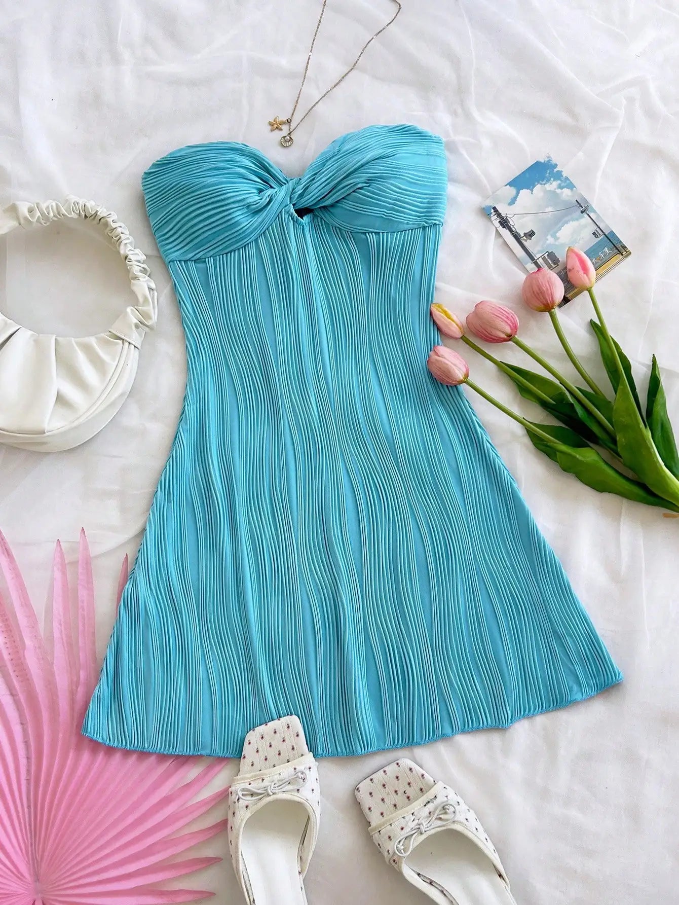 Pleated Elegant Strapless Twist Knot A-Line Mini Dress