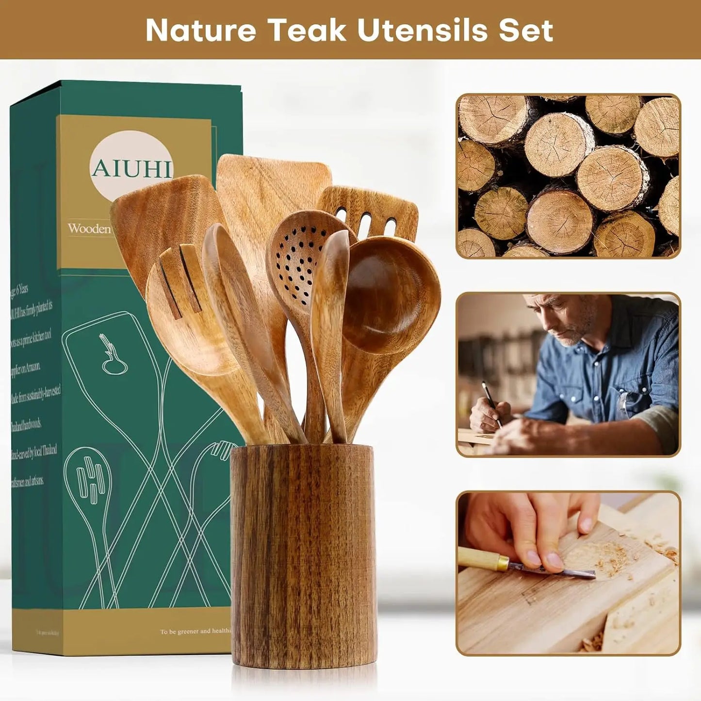 Natural Teak Wood Spoons 8 Pack Nonstick Kitchen Utensils