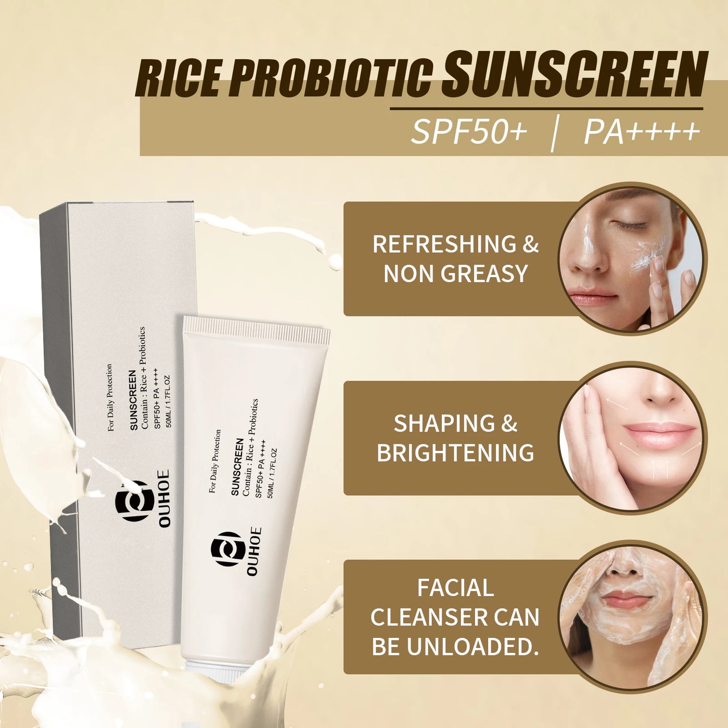 Ouhoe SPF 50 Face Sunscreen Probiotic Rice Brightening Cream