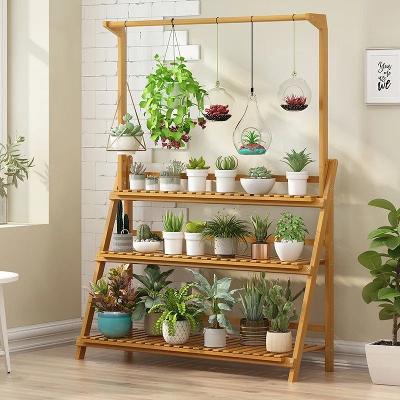 Bamboo 3 Tier Folding Plant Stand for Indoor and Outdoor Pots