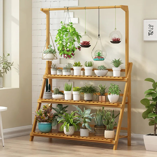 Bamboo 3 Tier Folding Plant Stand for Indoor and Outdoor Pots
